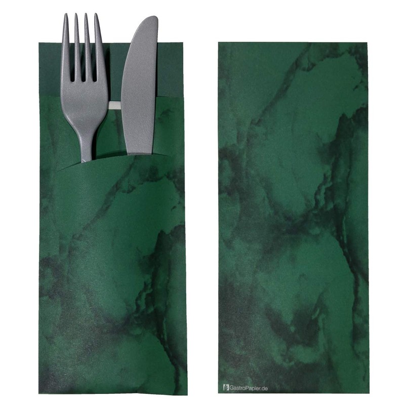 30 Cutlery Pockets with Napkin Dark Green Marbled 20 cm