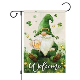 Wodison St Patricks Day Gnome Garden Flag 12×18 Inch Double Sided Lucky Shamrock Small Burlap Welcome Green Clover Holiday Outside Yard Flag