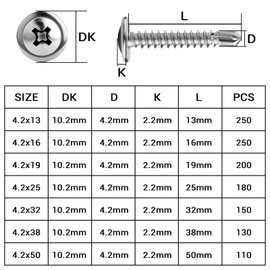 Sturiz 200pcs Self Tapping Screws Metal Drilling Wafer Head Screws M4.2x19mm 410 Stainless Steel Modified Truss Head Self Tapping Tek Screw for Sheet Metal Steel Aluminum Wood Plastics