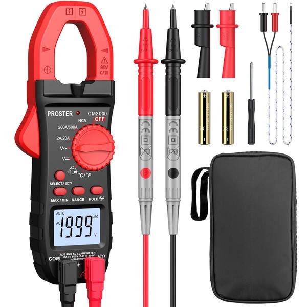 Proster Clamp Meter TRMS 2000Counts 600A AC Current AC/DC Voltage NCV Continuity Resistance Diode Hz Test Clamp Multimeter with Test Leads Alligator Clips Screwdriver Storage Bag