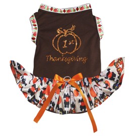 Petitebelle Pumpkin My 1st Thanksgiving Puppy Dog Dress (Brown/Thanksgiving, X-Large)