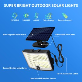 Adiding Solar Outdoor Lights, 3500LM LED Flood Lights with 16.4 Ft Cable, Remote Control Solar Motion Sensor Lights with 3 Modes, Solar Powered Security Lights for Outside Patio, Yard, Garage, 2 Pack