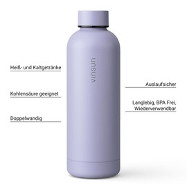 Vinsun Drinking Bottle Stainless Steel Purple 500 ml – Double-Walled Insulated, Leak-Proof, Suitable for Carbonated Drinks, BPA-Free – Lightweight Thermal Flask for Cold and Hot Drinks