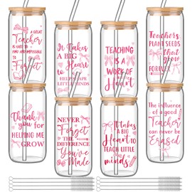 Domensi 8 Pcs Graduation Teacher Appreciation Gifts for Women 16 oz Thank You Bow Gifts Coquette Glass Cup with Bamboo Lids Straws Brushes Clear Drinking Cup for Graduation Birthday Party Favors