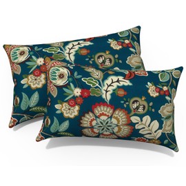 Melody Elephant Outdoor/Indoor Lumbar Pillows, Water Repellent Cushion Pillows, 12x20 Inch, Outdoor Pillows with Inserts for Home Garden, Pack of 2, Peacock Blue