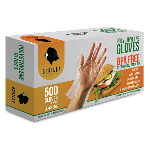 GORILLA SUPPLY 500 BPA Free Premium Disposable Gloves Poly PE LDPE Plastic for Kitchen Food Handling Food Prep Latex & Powder Free (500 Count, Large)