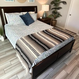 WP West Path Wool Mexican Blanket - Southwest Print Geometric Design- Handwoven Vintage Wall Tapestry/Throw from Mexico/Beach/Picnic/Thick Mexican Yoga Blanket (Black & Grey Stripes)