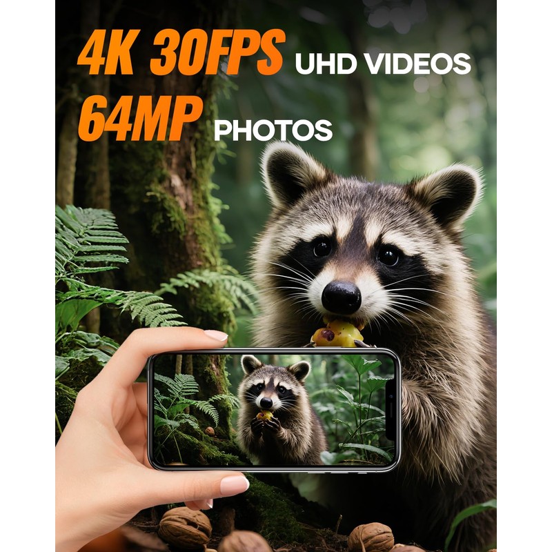 Solar Trail Camera 64MP 4K, 6000mAh Wildlife Camera with Night