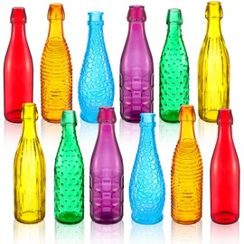 Zhehao 12 Pcs Decorative Colored Glass Bottles 6 Shapes Garden Wine Bottles Colorful Empty Glass Container Vases for Tree Garden Yard Outdoor Home Decorations, 6 Colors