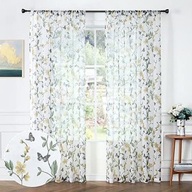 Tollpiz - Cortinas transparentes florales con estampado de mariposas y flores amarillas para dormitorio, bolsillo para barra de cortina de gasa de lino sintético cortas para ventana para sala de estar