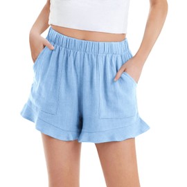 Haloumoning Pantalones cortos casuales de lino para niñas, pantalones cortos de verano con dobladillo con volantes y bolsillos, talla 4-15, Azul-cielo, 8-9 Años