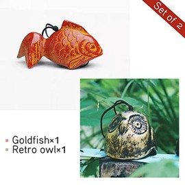 Oavand - Juego de 2 campanillas de viento japonesas bendecidas al aire última intervensión, Iwachu de hierro fundido Lucky Temple Wind Bell Memorial y Sympathy Wind Times para exterior buena suerte para jardín, patio, balcón (peces dorados y búho)