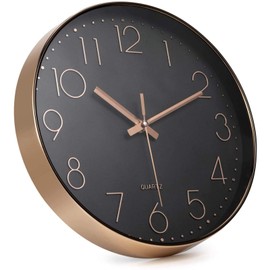 SUOHUI 12 Inch Silent Wall Clock Non-Ticking Modern Style Wall Clocks Battery Operated for Home/Bedroom/Office/Classroom/School/Living Room Decor(Golden Frame Black Dial )