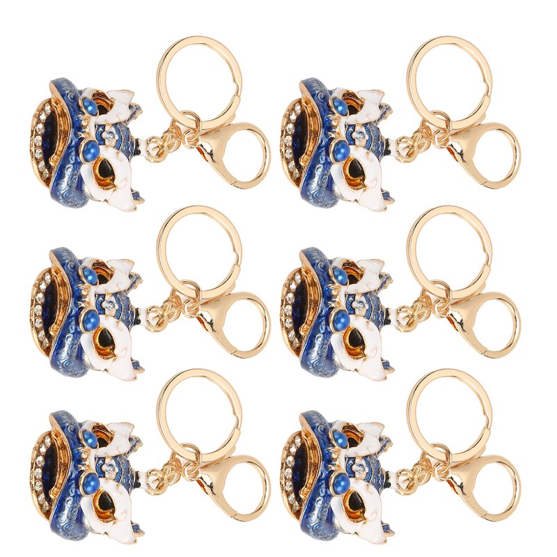 6pcs Lion Dance Keychains Cute Funny Exquisite Metal Rhinestone Chinese