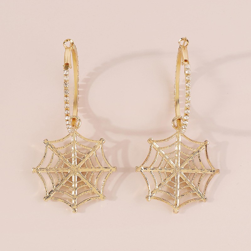 Halloween Spider Web Earrings for Women Large Gold Rhinestone Hoop