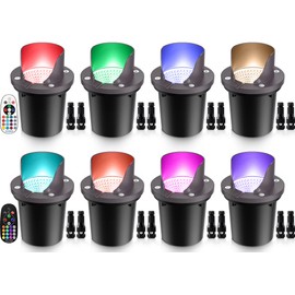 SUNVIE RGBW Low Voltage Landscape Lighting Color Changing 12W Waterproof Well Lights Landscape LED In Ground 12-24V Dimmable Paver Lights with Connectors for Pathway Garden Yard Fence Deck, 8 Pack