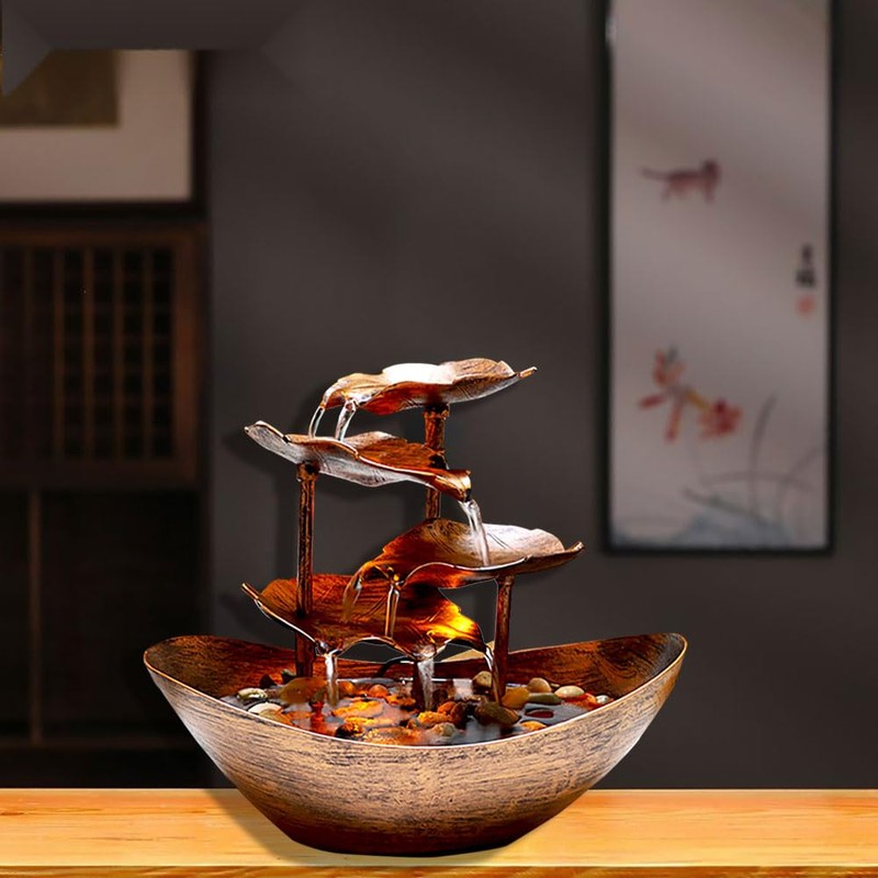 Resin Bronze Lotus Leaf Tabletop 4-Tier Fountain with Waterfall for