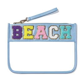 Sohynca Chenille Letter Clear Cosmetic Bag Transparent Toiletry Bag Waterproof Makeup Bag Preppy Travel Zipper Pouch (Blue Beach)