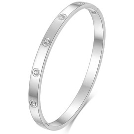 Tidefire Stainless Steel Crystal Cubic Zirconia Bracelet 18K Gold Plated Women Bracelet Titanium Steel Bangle (084 Silver)