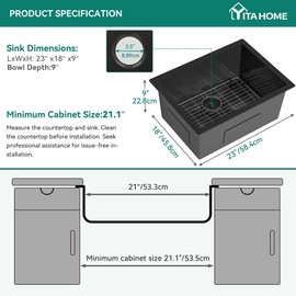 YITAHOME Black Kitchen Sink 23in Undermount Single Bowl Stainless Steel Nano Gunmetal Black Bar Sink with Accessories for Workstation, Prep Kitchen 23 x 18 x 10in