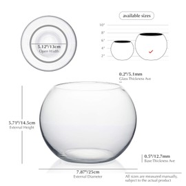 WGV Bowl Glass Vase Bulk, Diameter 8", Height 6", Open Width 5", (Multiple Sizes Choices) Clear Bubble Planter Terrarium Fish Bowl for Wedding Event Home Decor, 6 Pieces (VBW0008A)