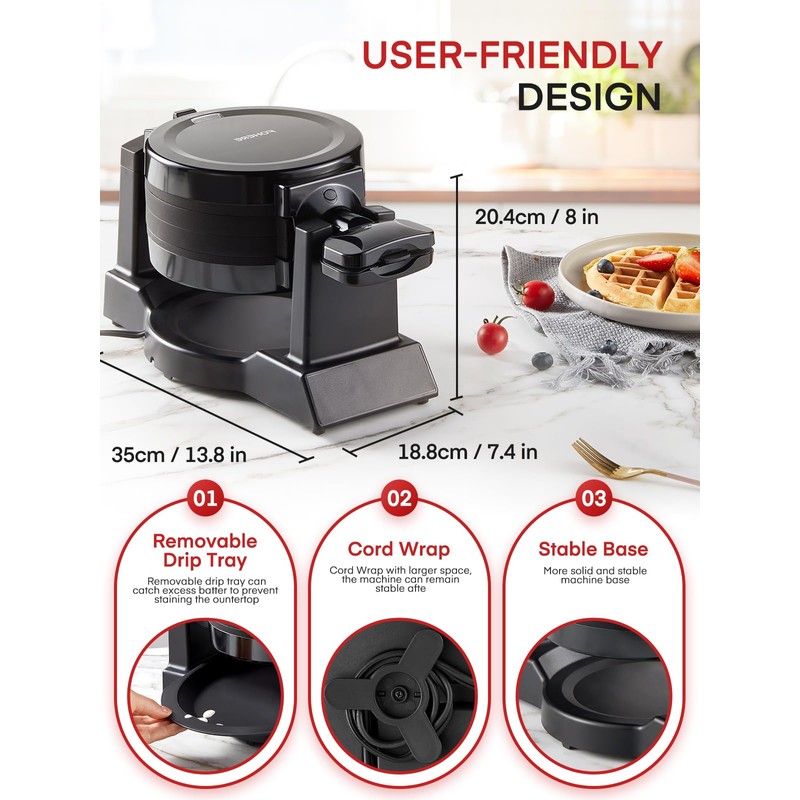 FOHERE Double Waffle Maker, 1400W Rotating Belgian Waffle Iron with