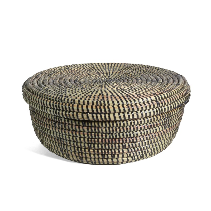 African Fair Trade Handwoven Lidded Storage Basket, Black/Natural