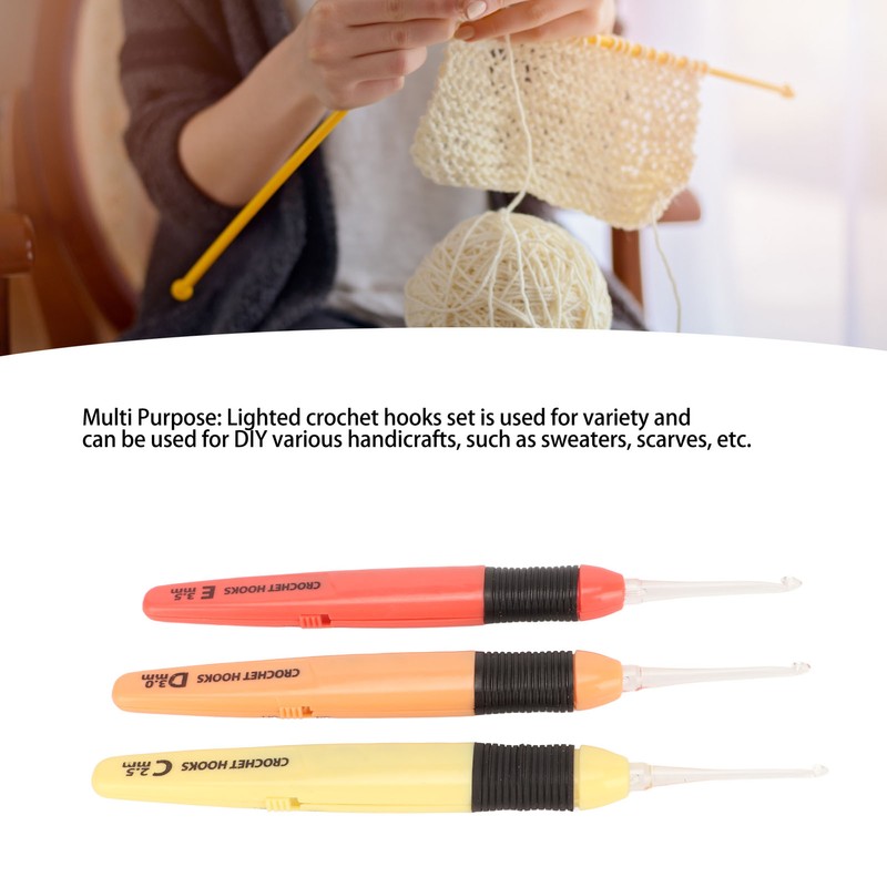 3 Pcs Lighted Crochet Hooks Set 2.5mm 3.0mm 3.5mm Lightweight
