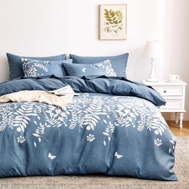 Wake In Cloud - Floral Comforter Set, Botanical Elegant Flower Tree Leaf Modern Pattern Printed for Men Women, Soft Lightweight Bedding, 3 Pieces, Slate Blue, Queen Size