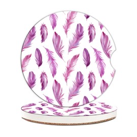Purple Feathers Car Cup Holder Coasters, Car Coasters for Cup Holder, 2 Pack Universal Anti Slip Insert Absorbent Ceramic Car Coasters with A Finger Notch & Cork Base