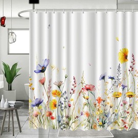 MEHOFOND Spring Flower Shower Curtain Watercolor Floral Plant Decoration Shower Curtains Rustic Nature Colorful Wildflower Shower Curtain for Bathroom Waterproof Fabric with 12 Hooks 72x72 Inches