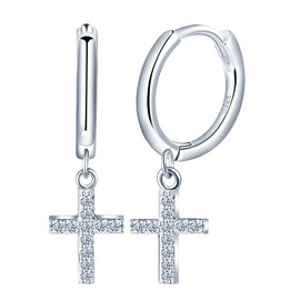 Yumilok Womens Mens 925 Sterling Silver Sparkling Zircon Hoops Earrings Diameter 0.9cm Creative Cross with Zirconia Silver Drop Earring Creole