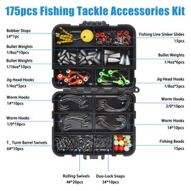 175pcs Fishing Gear Equipment Kit,Including Bullet Weight 3X Worm Hooks Round Jig Head Hook Sinker Slide Space Beans Swivel Fishing Snaps 3 Way Swivels with Tackle Box for Saltwater Freshwater