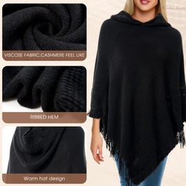 Skicuff Women Hooded Cape Ponchos Sweater Solid Knit Versatile Lightweight Shawl Wrap Scarf Cape Poncho Accessories (Black)