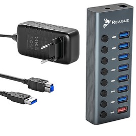 Reagle USB 3.2 Gen 1 Active Hub - 8 Port USB-A with 36 W Power Supply, Single Switch, 5 Gbps SuperSpeed, Plug & Play, Aluminium Housing - Ideal for Laptop and PC
