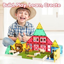 Magnetic Tiles, 50 Pcs Magnetic Building Blocks for Kids, 2.95in Large STEM Educational Construction Magnet Tiles Toy Set with Farm Animals for Preschool Boys Girls