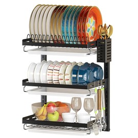 PUSDON Wall Mounted Dish Drying Rack, 3 Tier Stainless Steel Hanging Dish Drainer with Cutlery Holder, Drainboard and Hooks, Fruit Vegetable Kitchen Supplies Plates Bowls Cups Storage Shelf, Black