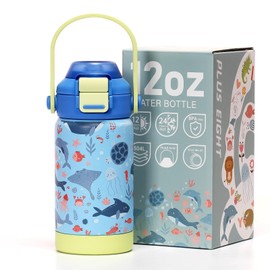pluseight Kids Metal Water Bottle with Straw, 350ml BPA-FREE Double Wall Vacuum Tumbler 18/8 Stainless Steel Leak Proof Kids Cups with Straw for School Travel Boys Girls (Ocean)