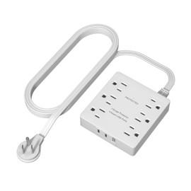 LIDER Outlet Extender with 6 Receptacles, USB-A and 2 USB-C, Ultra-Thin Flat-Plug with Cord Extender, 6-Outlet Power Strip, Slim Angled Design, Surge Protector, 1500 Joules, 5ft Cord, UL-Listed, White