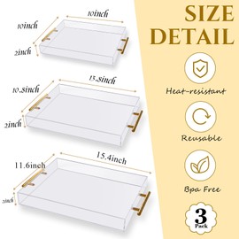 Vevitts 3 Pack Clear Acrylic Serving Tray with Gold Handles Serving Tray Spill Proof Acrylic Bathroom Decorative Tray Organizer for Coffee Table Countertop Appetizer Breakfast Vanity