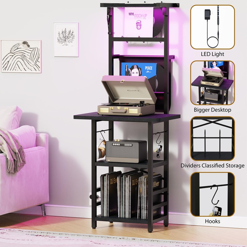 YAKANJ Record Player Stand with Led Light,Record Player Table with