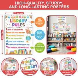 Lalunia 4 Pcs Library Rules Poster (11"x16") - Classroom Library Decorations for Librarian, Media Room, Back to School Educational Posters, Library Bulletin Board Sets, Reading Corner Decor