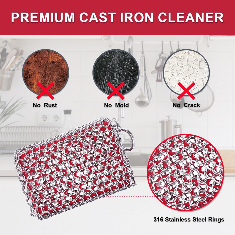Cast Iron Scrubber, Chain Mail Scrubber with Silicone Insert, 316L