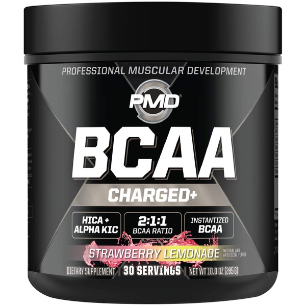 PMD Sports BCAA Charged Delicious Amino Acid Drink Mix for Performance and Recovery - Increase Muscle Function for Workout and Daily Energy - Strawberry Lemonade (30 Servings)