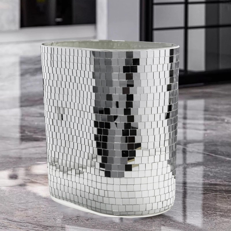WDHODEC Silver Mirror Mosaic Trash Can (9.8" Tall) | Narrow