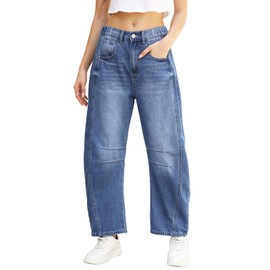Ladyful Barrel Jeans for Women Wide Leg Elastic Mid Rise Denim Pants Baggy Cropped Boyfriend Ankle Jeans Blue