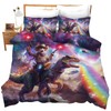 Funny Cat Comforter Set Cat Riding Dinosaur Duvet Cover Space