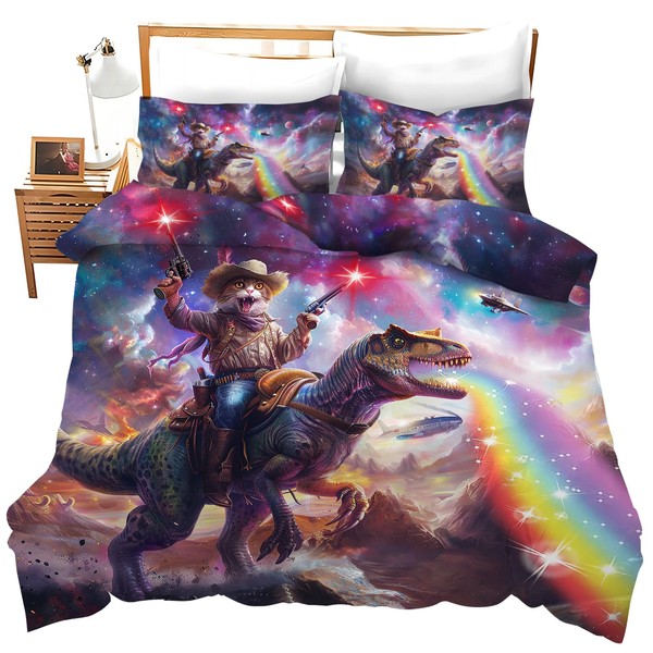 Funny Cat Comforter Set Cat Riding Dinosaur Duvet Cover Space