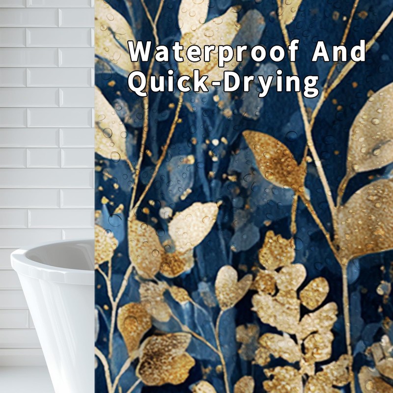 LeAquaNook Navy Blue Shower Curtain Dark Blue and Gold Leaf