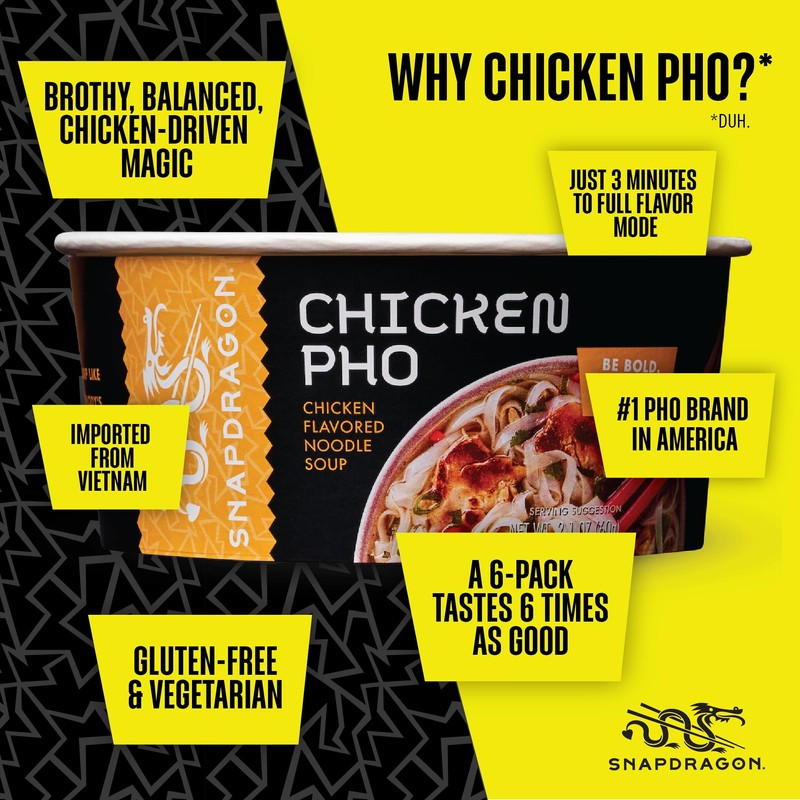 Snapdragon Chicken Pho Instant Noodle Bowl Six Pack, Rich Chicken